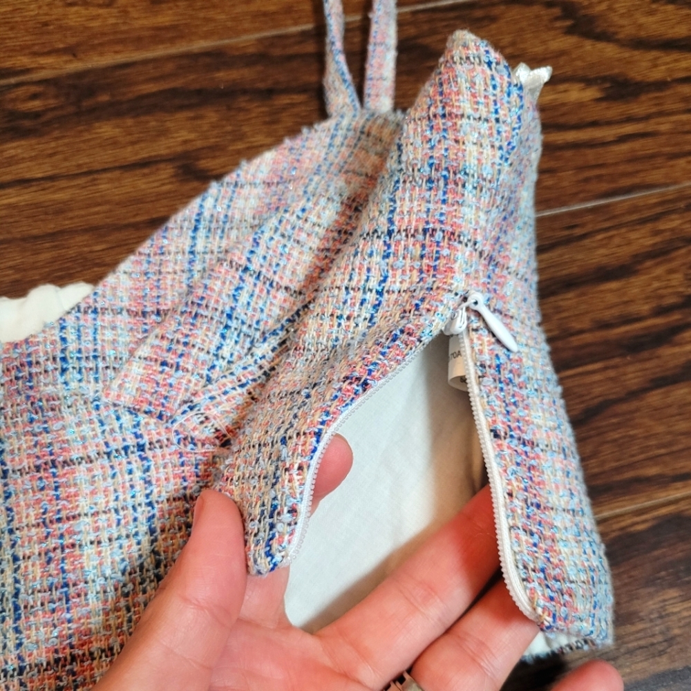 ZARA NEW Pink Blue Tweed 72% Cotton Cropped Heartshaped Neckline Spaghetti Strap - Picture 10 of 16